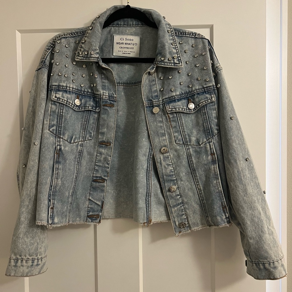 Cropped Rhinestone Denim Jacket Size Small
